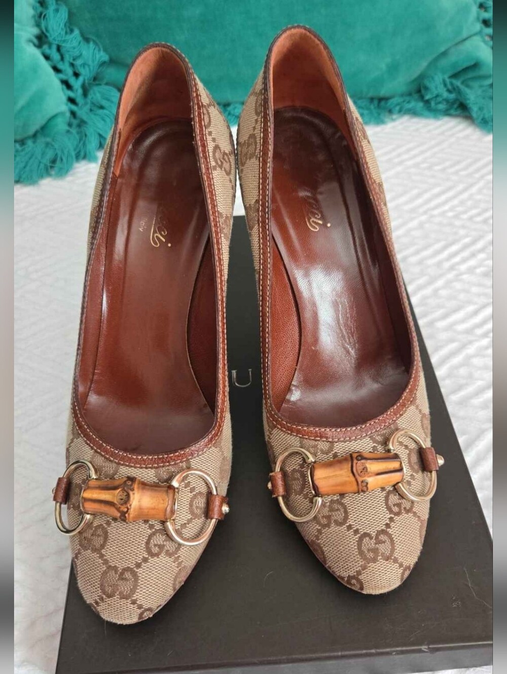 Authentic Gucci Brown Monogram Bamboo-Accent Pumps